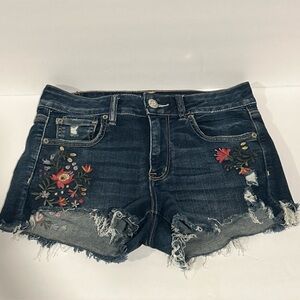 American Eagle Denim Shorts Womens 8 - Hi Rise Shortie Floral Dark Wash Ripped